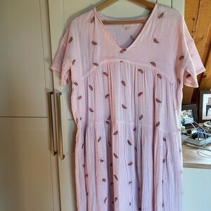 Pink V-Neck Pink Chicken Dress with watermelon Pattern